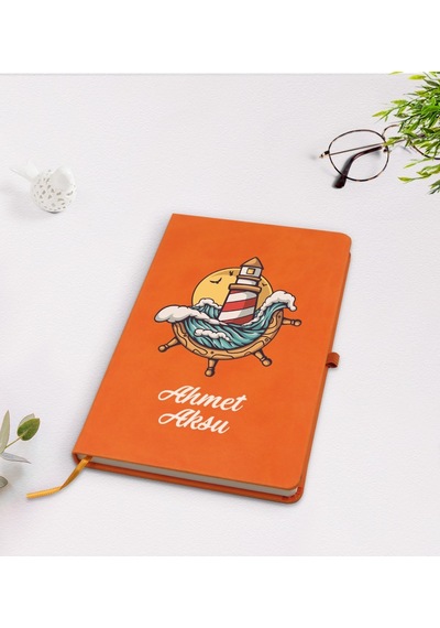 Kişiye Özel Dümen Tasarımlı Turuncu Termo Deri Defter Model 4