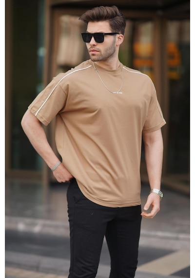 Madmext Camel Oversize Bisiklet Yaka Tişört 7009-camel Camel