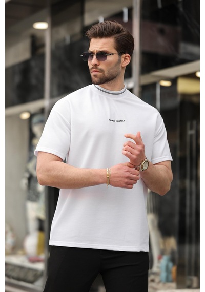 Madmext Beyaz Nakış Detaylı Basic Erkek T-shirt E7106 Beyaz