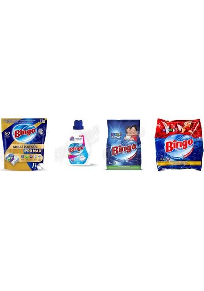 Bingo Pro Tablet 60'lı + Sıvı Deterjan Amber 2600 Ml + Tüm Renkler Deterjan 6 Kg+ Renkliler İçin Toz Deterjan 1.5 Kg 4'lü Set Diğer
