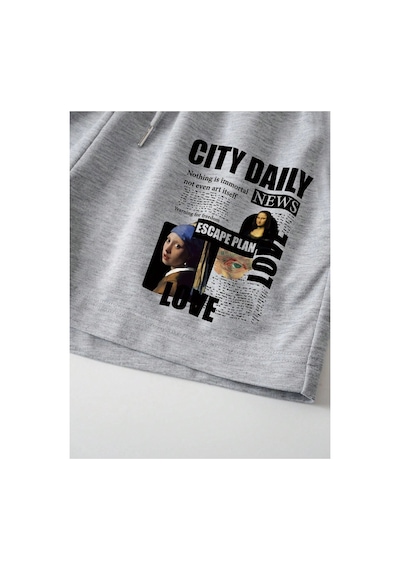 Tarzsokak Slogan Graphic Drawstring Waist Track Şort Gri