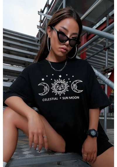 Unisex Sun Moon Evren Temalı Tasarım Tshirt SIYAH