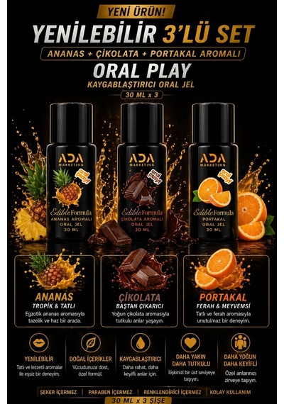 3 Lü Yenilebilir Aromalı Jel Seti 30 Ml Çilek Ananas Portakal