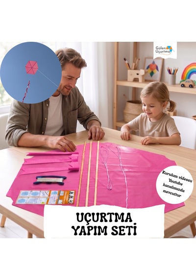 Uçurtma Yapım Seti / Naylon Altıgen / Ahşap Çıtalı / Pembe