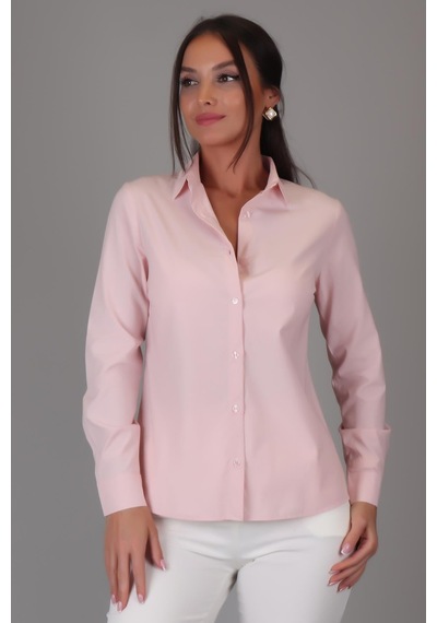 Sweetness Kadın Pudra Pembe Likralı Uzun Kol Pamuklu Klasik Gömlek Pembe