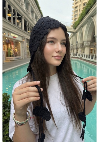 Mollycrush Örgü Yazlık Bere Siyah Çiçek Motifli Hair Band Yazlık Şık Model Siyah