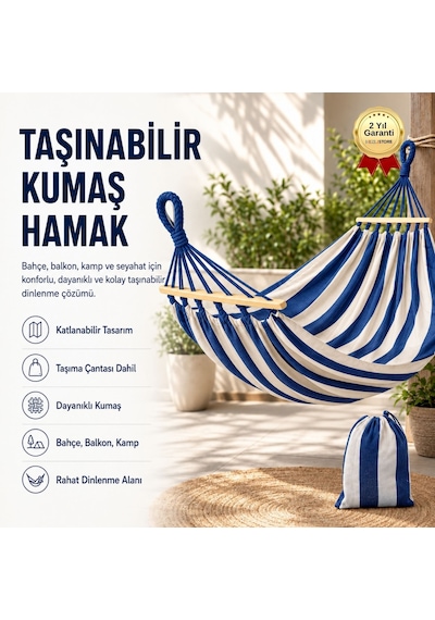 Mavi Çizgili Taşınabilir Katlanabilir Kumaş Hamak Bahçe, Balkon, Kamp Ve Seyahat İçin Dinlenme Hamak + Taşıma Çantası-1434 Mavi - Beyaz