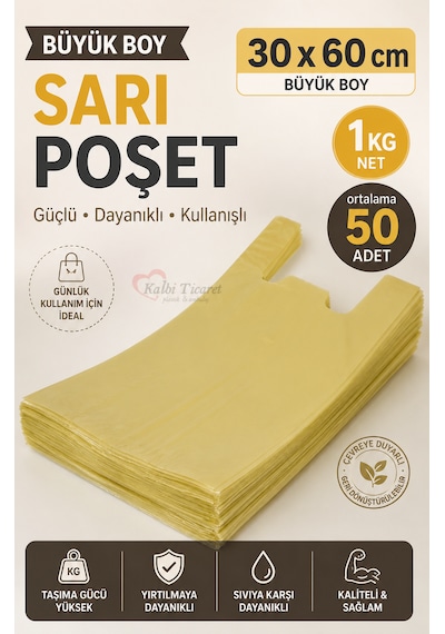Kalın Sarı Poşet Büyük Boy 1 Kg Market Manav Poşeti 30x60 Cm Çöp Poşeti Atlet Poşet