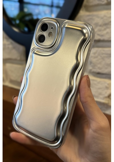 Apple Uyumlu iPhone 12 igzaglı Dalgalı Gümüş Puf Kılıf