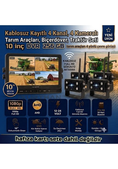 10 İnç Dvr 4 Kameralı Kablosuz Dokunmatik Ahd 1080p Bsd Kör Nokta Uyarı 12 24 Volt