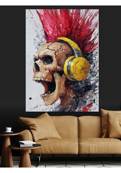 Kulaklıklı Punk Kuru Kafa Dekoratif Kanvas - Mdf Ahşap Tablo