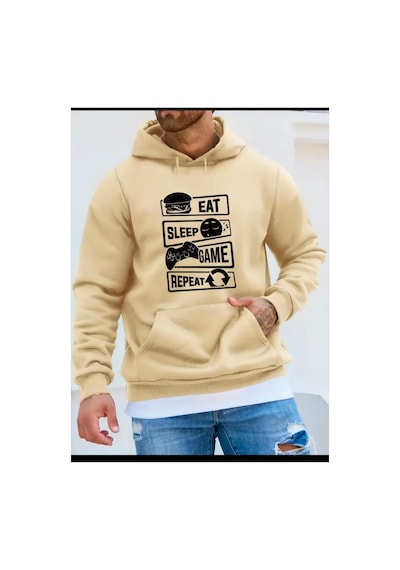 Medinenur Eat Sleep Game Baskılı Kapüşonlu Sweatshirt Bej