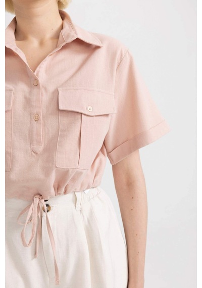 DeFacto Cropped Fit Gömlek Yaka Keten Karışımlı Kısa Kollu Bluz C6812AX24SMBR134