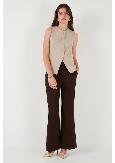 Lela Regular Fit Bisiklet Yaka Kolsuz Düğmeli Basic Bluz Bayan Yelek 65200004 Taş