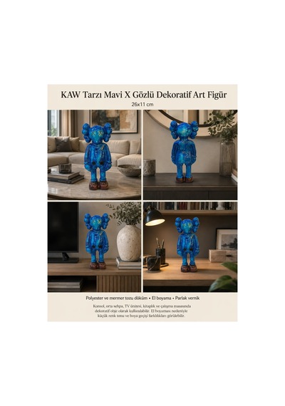 Kaw Tarzı Mavi X Gözlü El Boyaması Dekoratif Figür Heykel 26 Cm