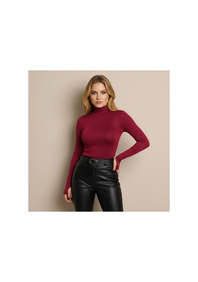 Unika Boutique Uzun Kol Dik Yaka Parmak Geçmeli Body T-shirt Bordo