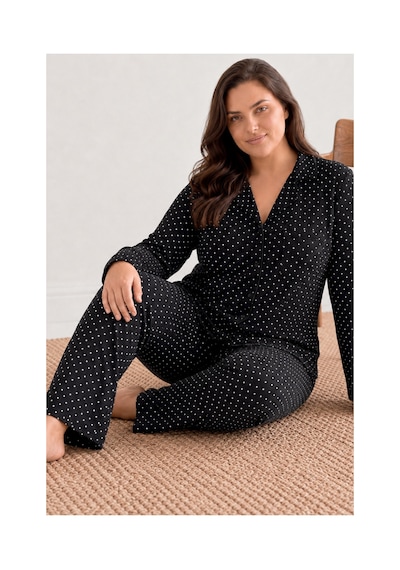 Fit Women Kadın Puantiyeli Düğmeli Siyah Pijama Takımı 852