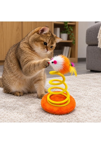 Hacıyatmaz Yaylı Peluş Fareli Kedi Oyuncağı, Hareketli Zıplayan Fare, Esnek Yaylı Kedi Oyun Ve Avlanma Oyuncağı Turuncu-sarı