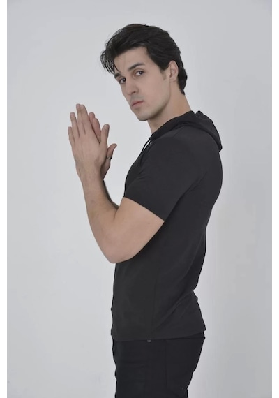 Erkek Kapşonlu Slim Fit T-shirt - Siyah L Siyah