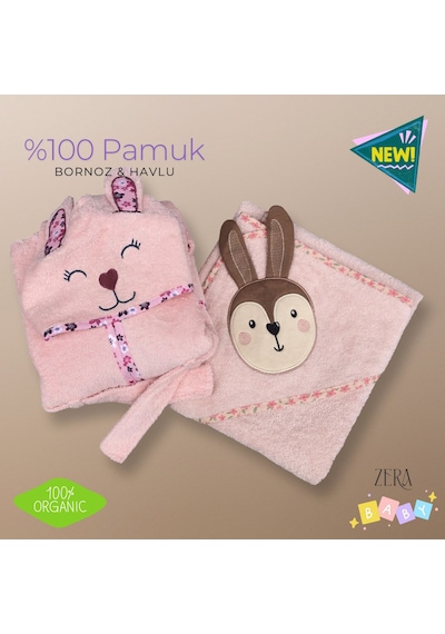Bebek Bornoz Kapişonlu & Bebek Havlu Set %100 Organic Pamuk Yumuşacık Nakış Desenli 2 - 4 Yaş