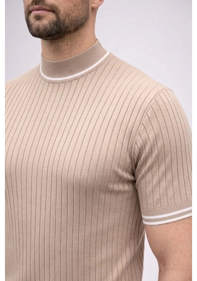Erkek Fitilli Triko Dokuma Kısa Kol Tişört Yarım Boğaz Modern Yazlık T-shirt - Bej