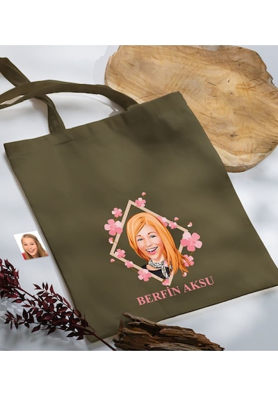 Bk Gift Kişiye Özel Anneler Günü Karikatürlü Haki Kumaş Bez Çanta, Baskılı Omuz Çantası, Alışveriş Çantası, Anneye Hediye-4 Haki