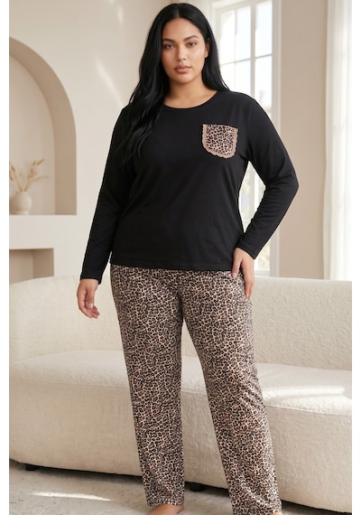 Siyah İnci Pamuklu Likralı Büyük Beden Battal Boy Örme Pijama Takım 26240898 Siyah