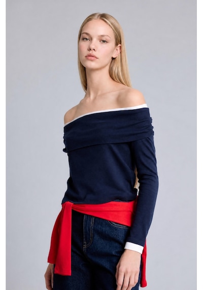 Defacto Slim Fit Omzu Açık Katlamalı Ribana Uzun Kollu Basic Tişört I2213ax26aunv245 Lacivert-nv245