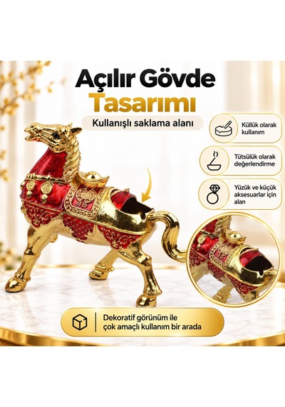 Lüks Alaşım Metal At Figürlü Kapaklı Dekoratif Küllük Ve Takı Saklama Kutusu Metal Biblo 25 X 20 Cm 25344918