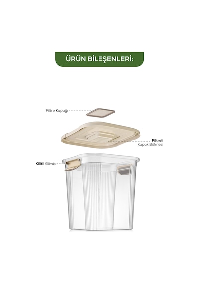 Vienev 4'lü 12 Litre Kare Çok Amaçlı Filtre Kapaklı Un Bakliyat Saklama Kabı Bej Bej