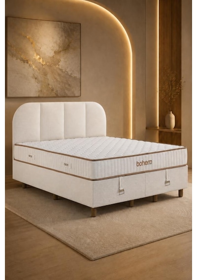 Niron Bohem Nms Klapa 200x200 Cm Çift Kişilik Yatak Baza Başlık Seti - Nms Sert Ortopedik 200 x 200
