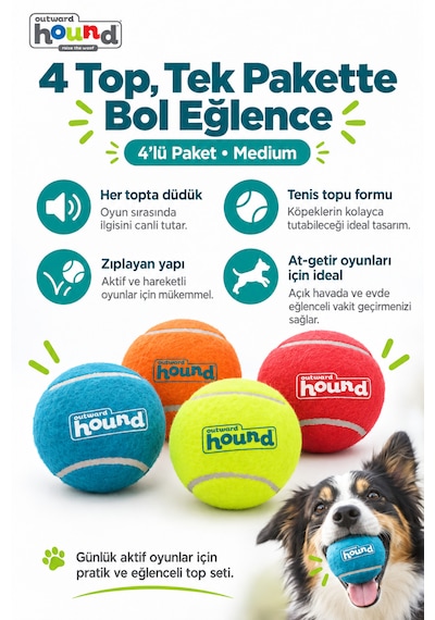 Outward Hound Squeaker Ballz Düdüklü Tenis Topu Köpek Oyuncağı 4'lü Medium
