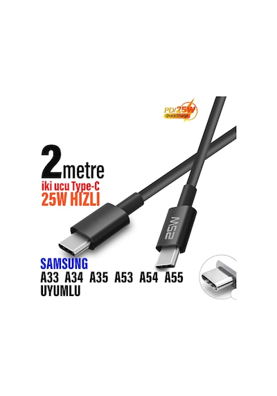 Samsung Uyumlu A33 A34 A35 A53 A54 A55 Type-c Den Type-c Ye Uzun Şarj Kablosu 25w 2m