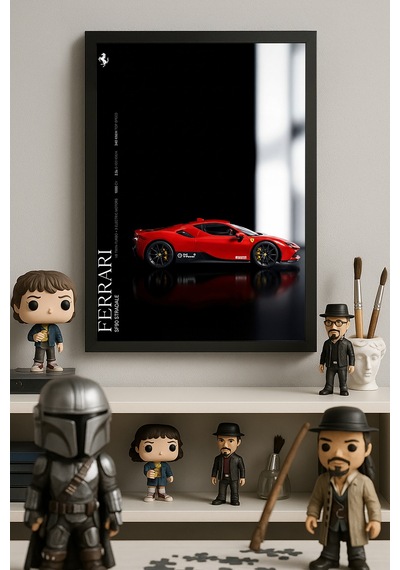 Ferrari Sf90 Stradale Siyah Ahşap Çerçeveli Poster, Dekoratif Araba Duvar Tablosu