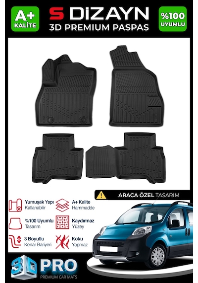 S-dizayn Peugeot Bipper 3d Pro Havuzlu Paspas 2007-2017 A+ Kalite