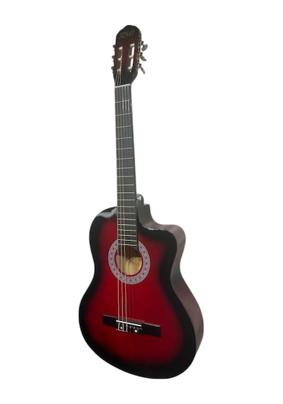 Kırmızı Klasik Gitar Kesik Kasa Sap Ayarlı 4/4 Tam Boy Kılıf Kapo Pena Ve Penalık Sticker Çevirici