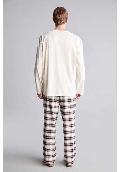 Defacto %100 Pamuk Baskılı Ekoseli New Regular Fit Uzun Kollu 2li Flanel Pijama Takımı H9920ax26auer238 Ekru-er238