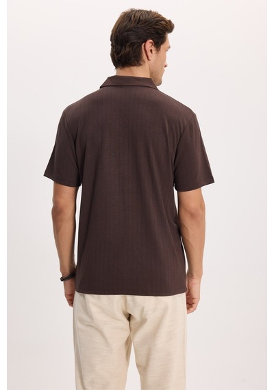 Tudors Erkek Slim Fit Dar Kesim Pamuklu Kısa Kollu Çizgili Kahverengi Polo V Yaka Tişört-51126