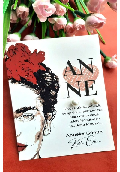 5 Adet İnci Küpe- Frıda Face Kuşe Kartlı Anneler Günü Hediyesi Krem