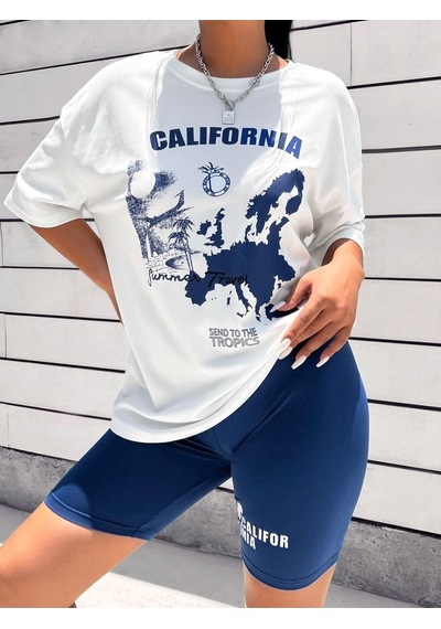 Flood Of Style Kadın Beyaz Mavi Calıfornıa Baskılı Bisiklet Yaka Tshirt