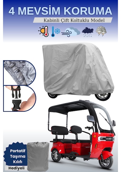 Gri Kabinli 3 Kişilikli Moped Brandası, 3 Teker Kabin Brandası
