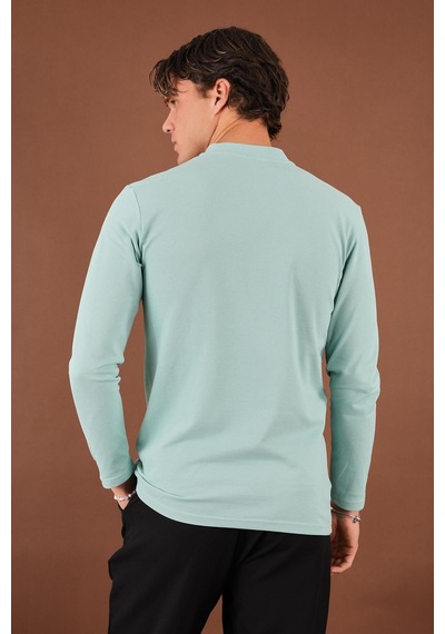 V Yaka Yırtmaç Detaylı Uzun Kollu T-shirt Mavi