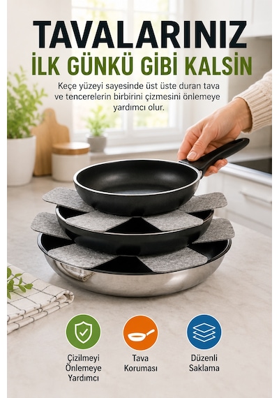 3'lü Gri Tava Çizdirmez Keçe Koruyucu 33 Cm Tava Tencere Ayırıcı Çizik Önleyici Organizer Set