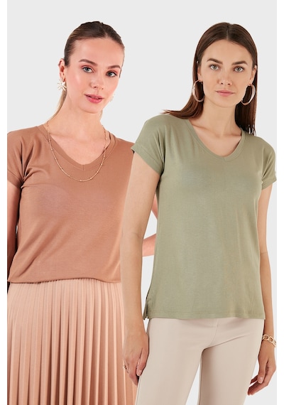 Lela V Yaka Relaxed Fit Yırtmaç Detaylı 2'Li Paket Bayan Bluz 5862000S2 Olive-Bisküvi
