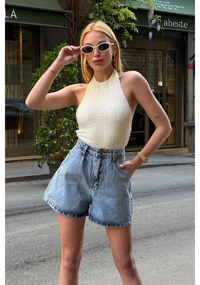 Buz Mavisi Çift Cepli Pileli Mini Denim Şort Çok Renkli
