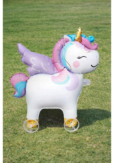 Unicorn Temalı Folyo Yürüyen Balon Tekerlekli Sevimli Unicorn Balon 54x48,5 Cm Renkli