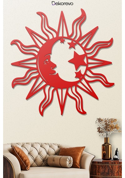 Mistik Kozmos Güneş Ve Ay Metal Duvar Dekoru - Metal Duvar Sanatı - Kırmızı - 48 X 50 Cm