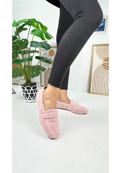 Günlük Kadın Loafer Peluş Astarlı Oval Burunlu Alçak Desenli Tabanlı Ayakkabı 375 Pudra
