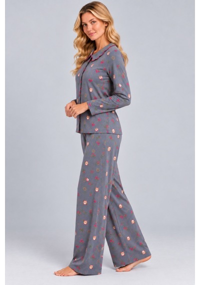Pijamask Kadın Çiçek Desenli Bebe Yaka Düğmeli Uzun Kollu Müslin Pijama Takımı Antrasit Pijamask Kadın Çiçek Desenli Bebe Yaka Düğmeli Uzun Kollu Müslin Pijama Takımı Antrasit
