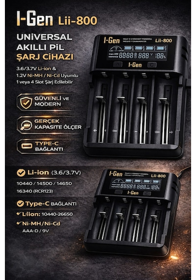 I-gen Lii-800 Akıllı Li-ıon Pil Şarj Cihazı, Type-c Girişli, Lcd Ekranlı, 4 Slot Şarj, Li-ıon & Ni-mh Uyumlu 18650 / 21700 / Aa / Aaa